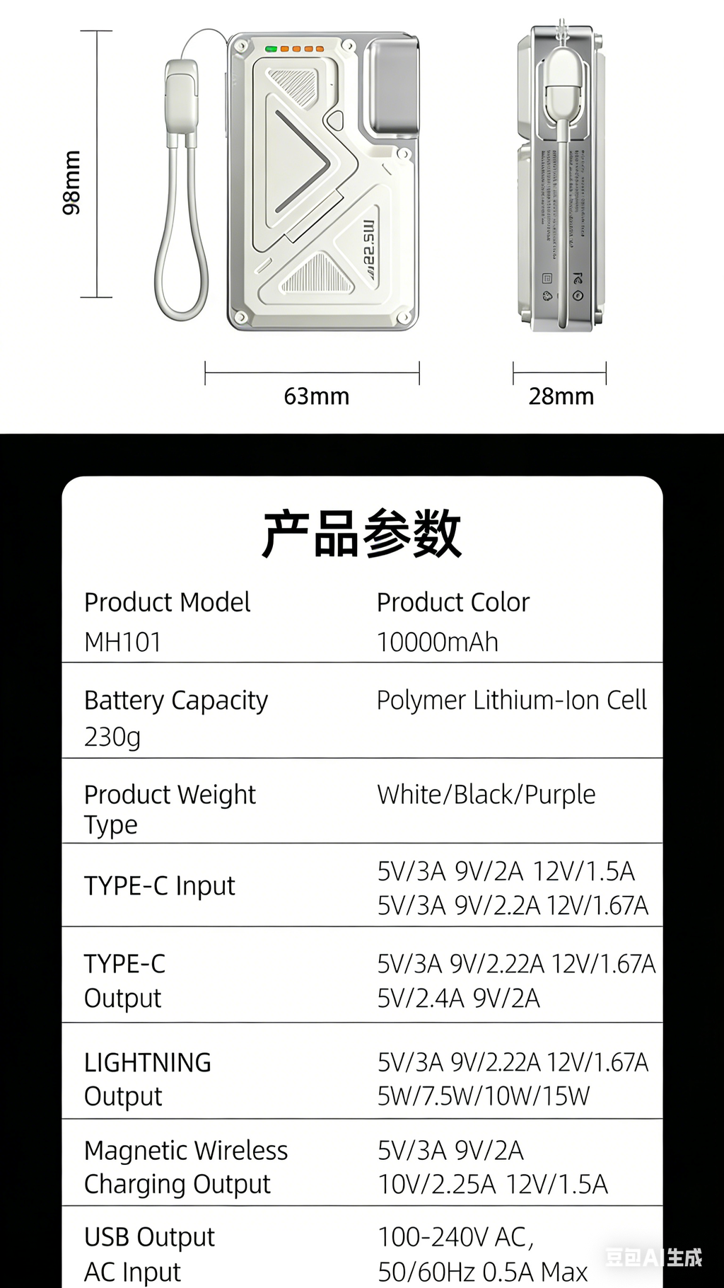 Portable 10000mah AC Power Bank with Magnetic Wireless Fast Charging 22.5W Type-C Input Interface Bracket for Samsung for iPhone