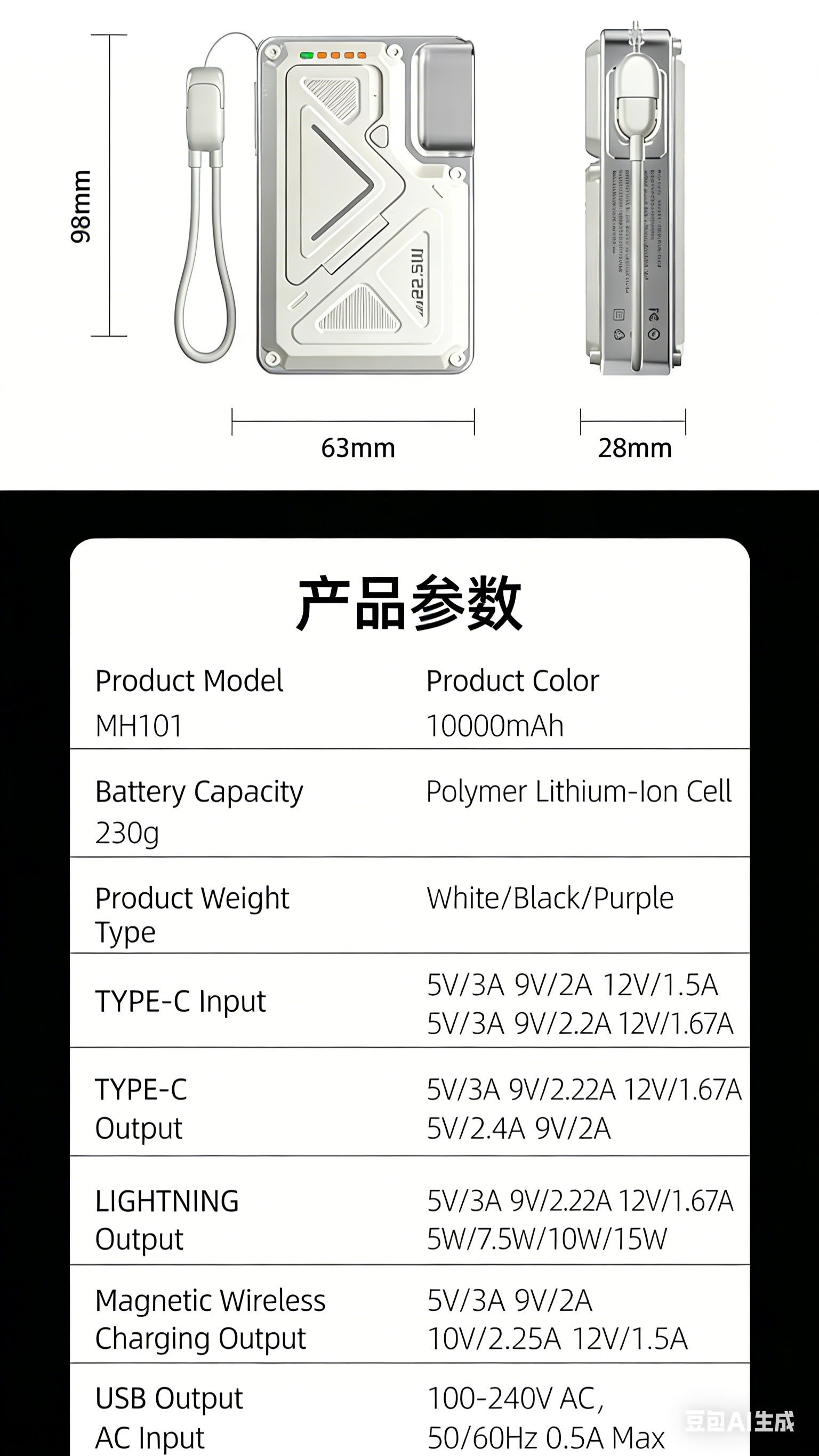 Portable 10000mah AC Power Bank with Magnetic Wireless Fast Charging 22.5W Type-C Input Interface Bracket for Samsung for iPhone