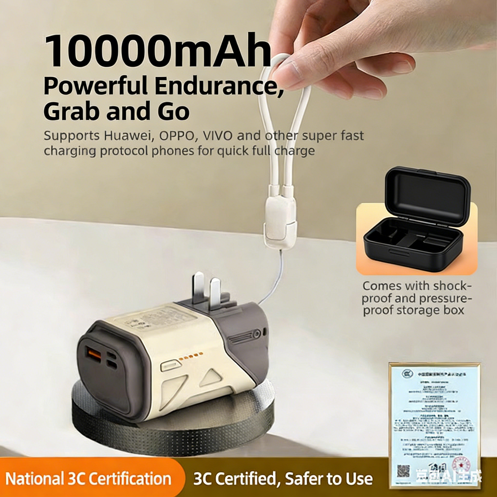 Ac Plug 3 in 1 Super Fast Charge Mini Keychain Power Bank 10000mah