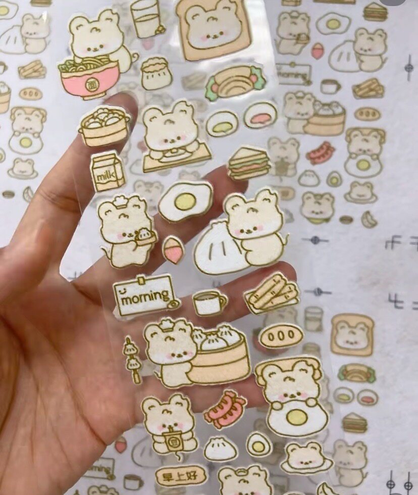 Cute Japanese Style Bear Breakfast Shop Plush Fabric Felt Stickers Cartoon DIY Scrapbook Journal Decorative Stickers Custom Production