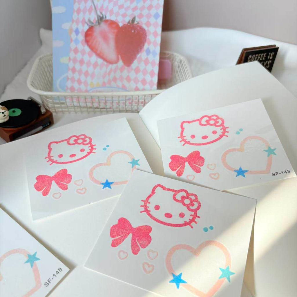 Cute Cat Glitter Tattoo Stickers, Custom Japanese Style Cartoon Waterproof Long Lasting Temporary Tattoos