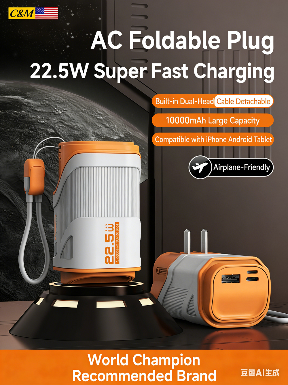 Ac Plug 3 in 1 Super Fast Charge Mini Keychain Power Bank 10000mah