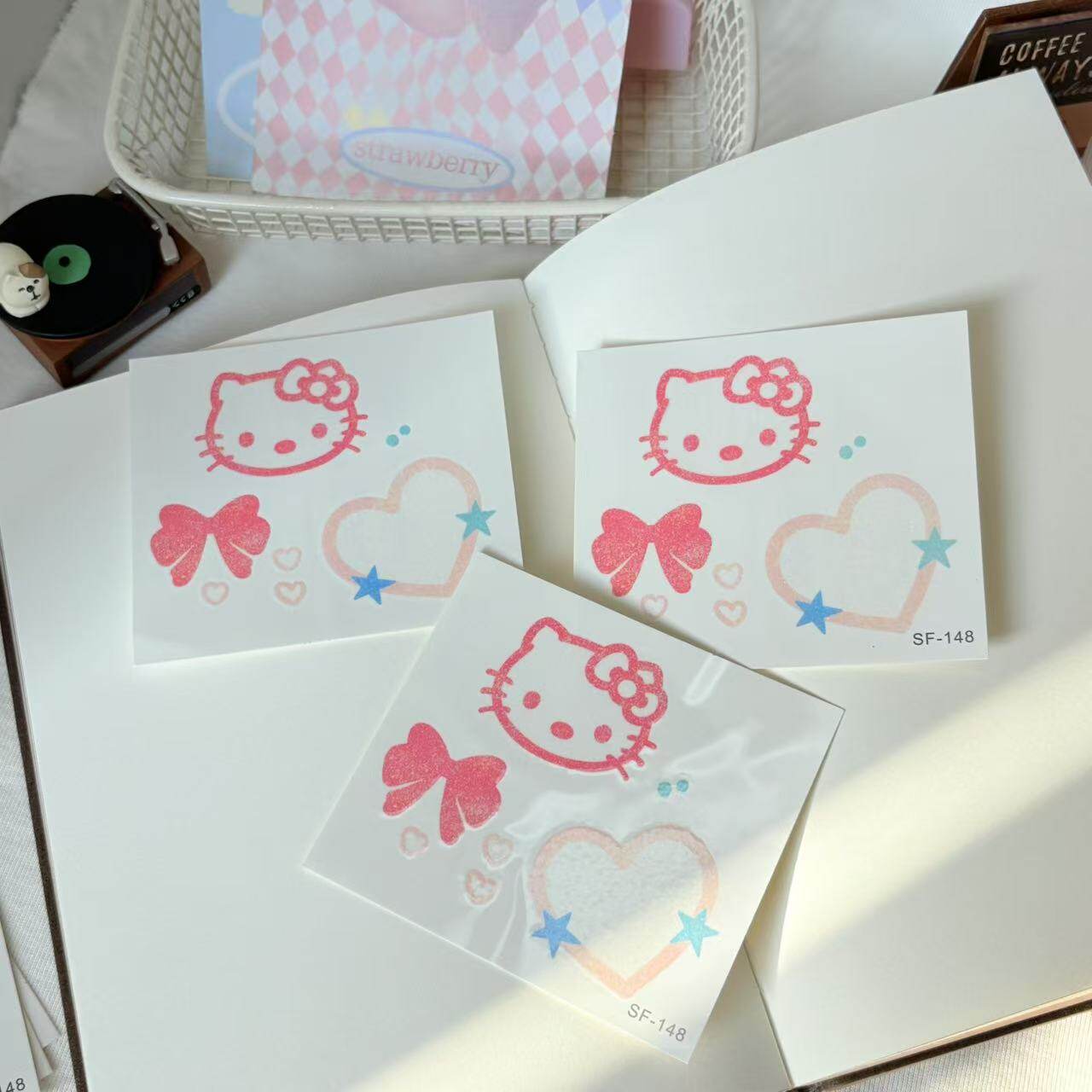 Cute Cat Glitter Tattoo Stickers, Custom Japanese Style Cartoon Waterproof Long Lasting Temporary Tattoos