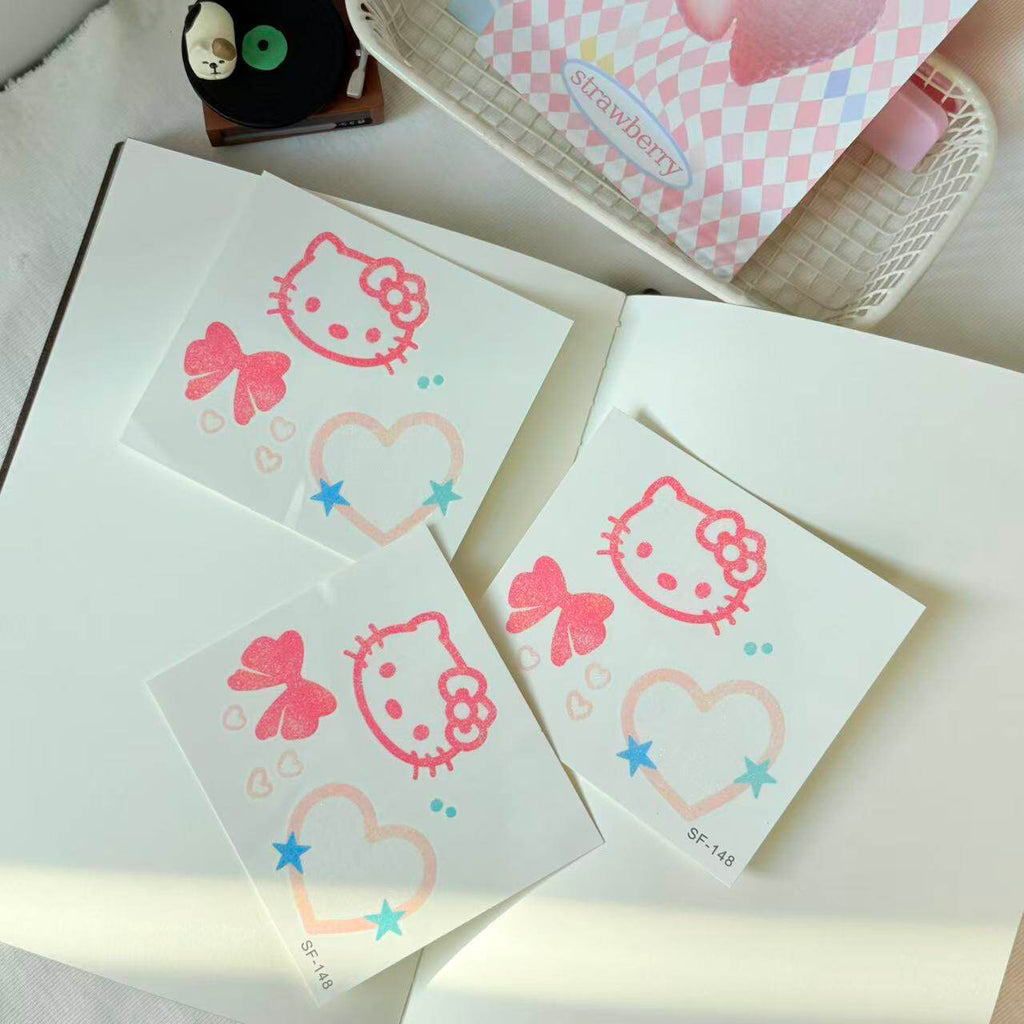 Cute Cat Glitter Tattoo Stickers, Custom Japanese Style Cartoon Waterproof Long Lasting Temporary Tattoos