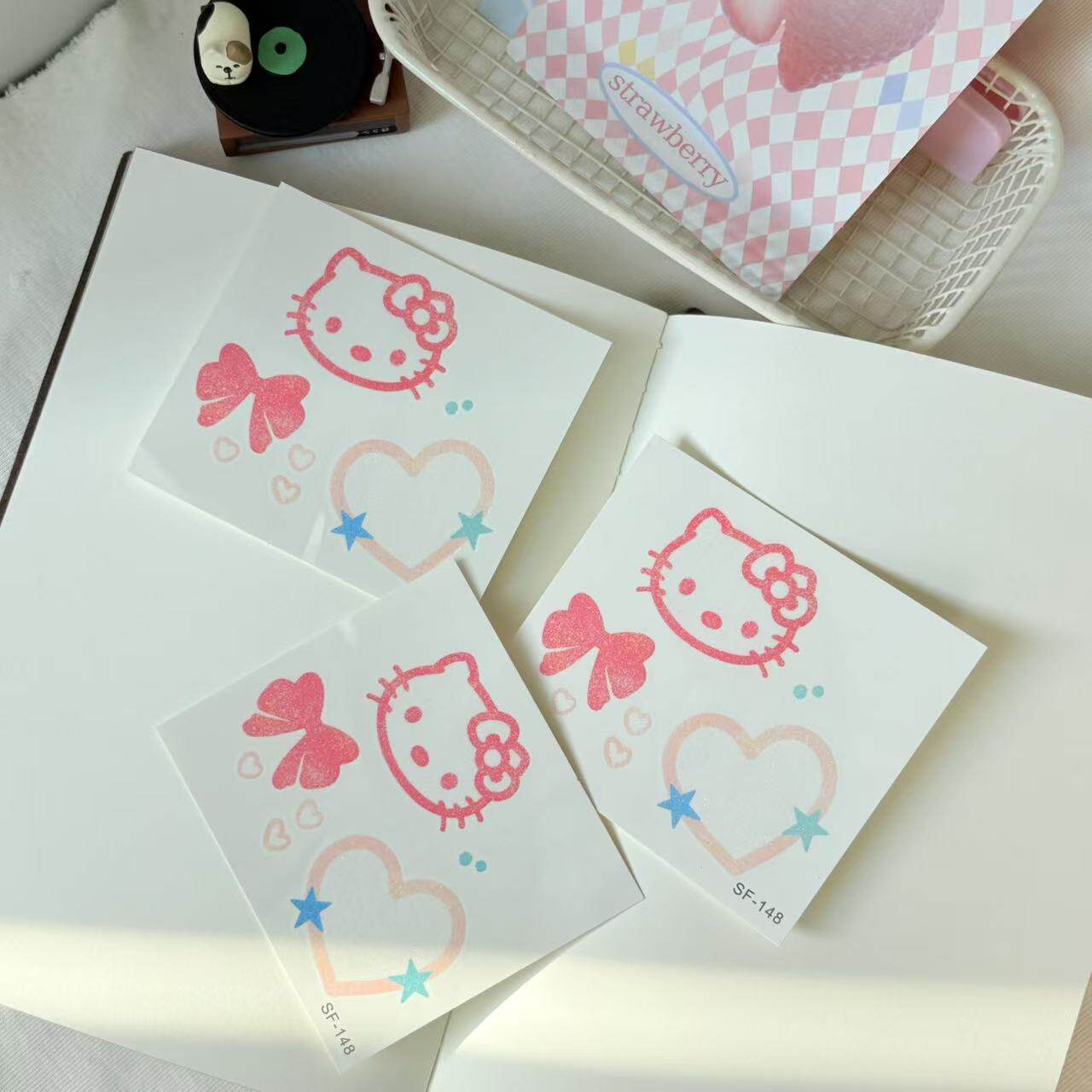 Cute Cat Glitter Tattoo Stickers, Custom Japanese Style Cartoon Waterproof Long Lasting Temporary Tattoos