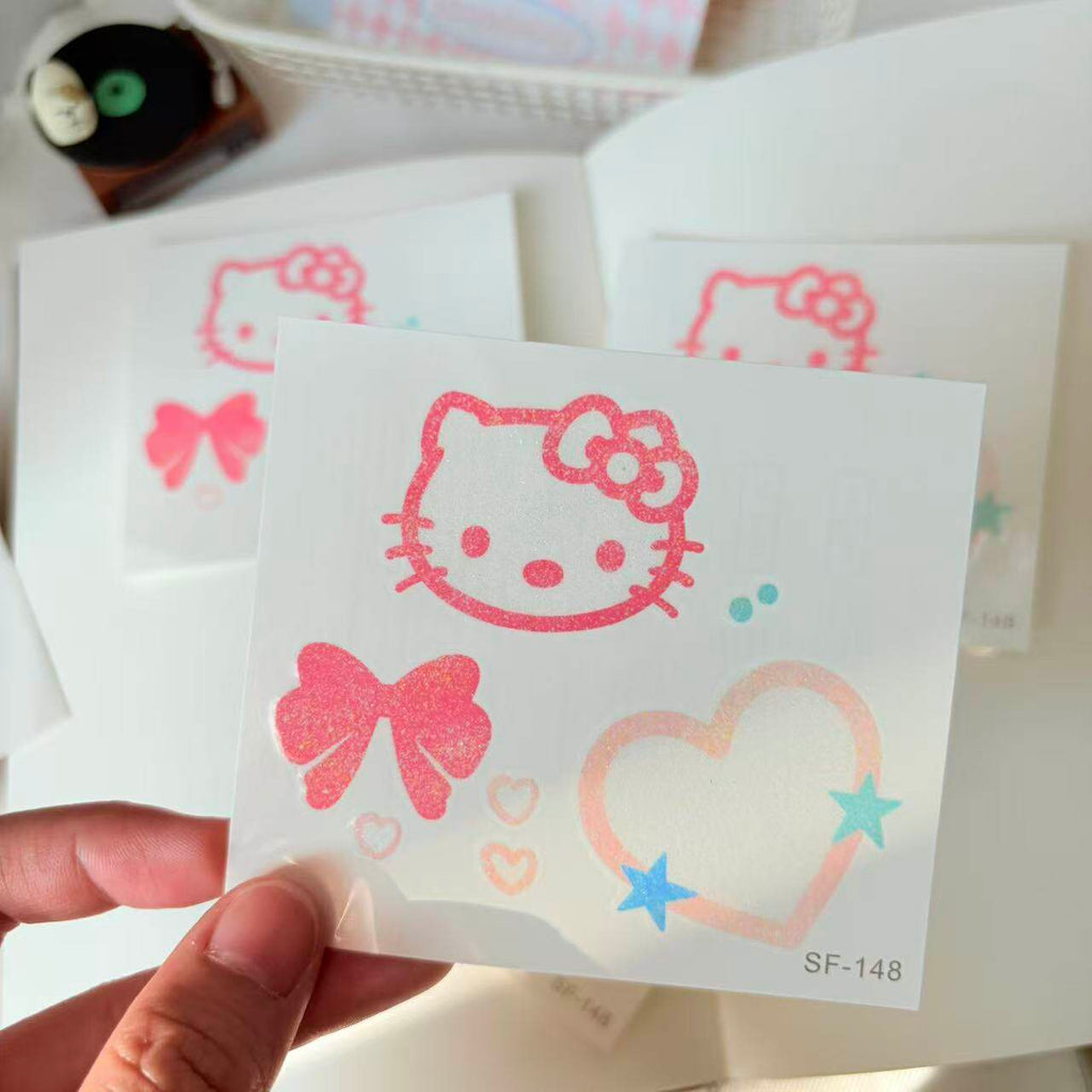 Cute Cat Glitter Tattoo Stickers, Custom Japanese Style Cartoon Waterproof Long Lasting Temporary Tattoos