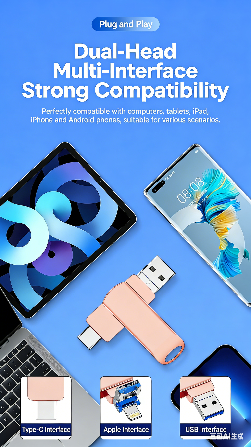 Y34C TYPE C USB Flash Drive OTG 4 IN 1 USB Stick 3.0 128GB Pen Drive 64GB 256GB 512GB Pendrive for iPhone 17 16 15 14 13 Memory Disk